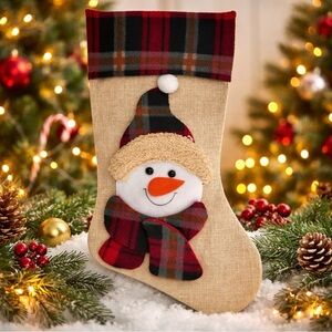 Handmade Christmas Stocking Farmhouse Country Snowman Plaid Felt, Canvas, 16"